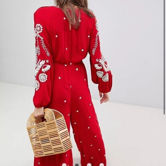 Free People Red Embroidered Romper/Jumpsuit v-neck jumpsuit size XS - Picture 8 of 17